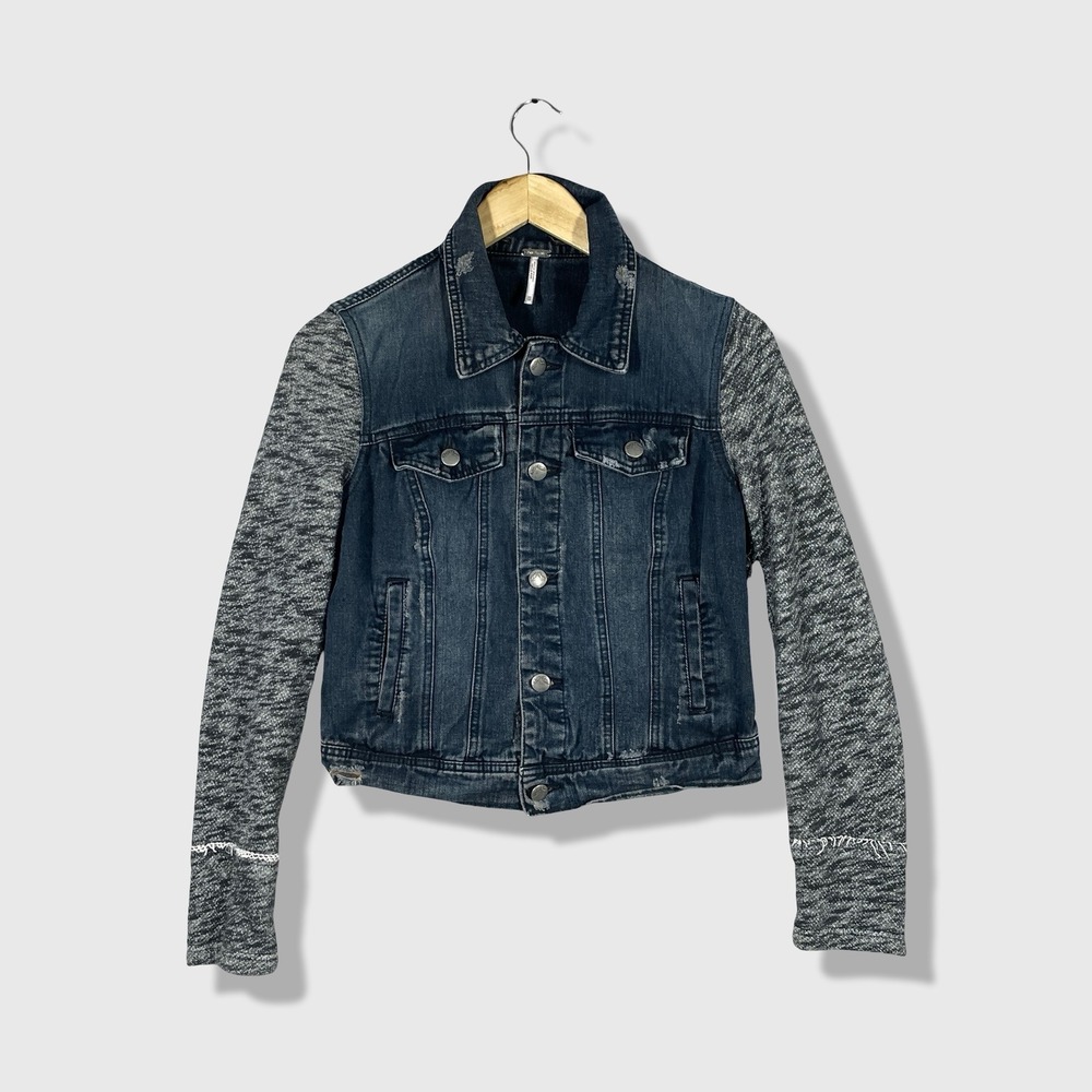 Free People Denim Jacket Women XS Blue Mixed Media Knit Sleeve Boho Distressed